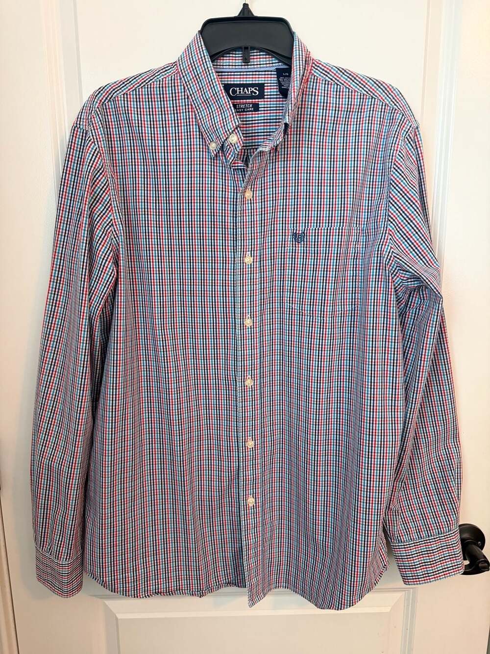 Chaps Men's Stretch Easy Care Red, White, and Blue Plaid Button-Down Lrg